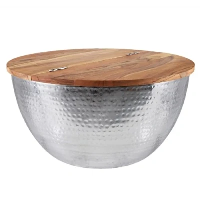 Abbildung von riess ambiente Couchtisch ORIENT STORAGE Ø60cm natur / silber (Einzelartikel, 1 St), Wohnzimmer · rund Massivholz Metall mit Stauraum Hammerschlag