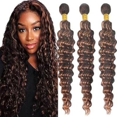 Abbildung von Tuheerst Human Hair Bundles 3 Deep Wave Extensions Long Brown P430 Capelli Veri Tessitura Brazilian Umani Brasiliani Virgin Remy 34 Pollice