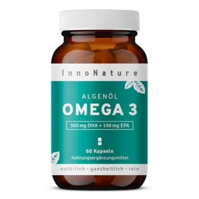 Abbildung von InnoNature Omega3 2:1 DHA/EPA natürlich aus der Mikroalge Schizochytrium 60 Kapseln, 300 mg DHA und 150mg EPA vegane laborgeprüft
