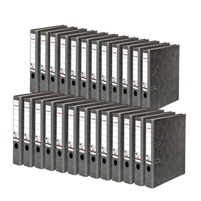 Abbildung von Original Falken 25er Pack Recycling Ordner Wolkenmarmor. Made in Germany. 5 cm schmal DIN A4 grauer Rücken Ringordner Aktenordner Briefordner Büroordner Pappordner CO2 Neutral Blauer Engel