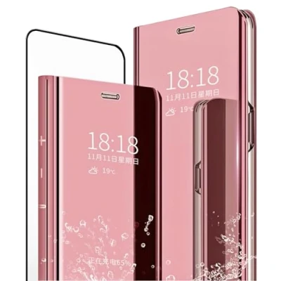 Abbildung von MLOTECH Schutzhülle für Samsung S20 FE, + Displayschutzfolie [2 Stück] Flip Clear View Transparent Spiegel Standing 360 Stoßfest Smart Cover Bumper Roségold