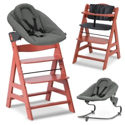 Abbildung von hauck Alpha Plus Newborn Set mit Premium Bouncer Dark Grey Baby Holz Hochstuhl ab Geburt Liegefunktion extra flacher Aufsatz für Neugeborene &amp; Baumwoll Sitzpolster Cork