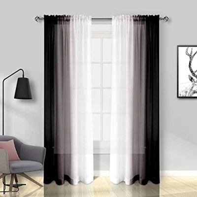 Abbildung von Melodieux Transparente Vorhänge, Farbverlauf, Stangentasche, 142 x 205 cm, Schwarz, 2 Vorhänge