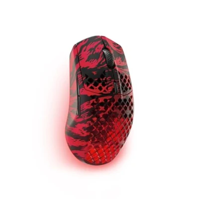 Abbildung von SteelSeries Aerox 3 Wireless Faze Clan Edition RGB Gaming Mouse mit Öffnungen in der Oberfläche Optischer TrueMove Air Sensor 18 Tsd. DPI Federleichtes, wasserabweisendes Design
