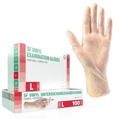 Abbildung von Vinylhandschuhe 100 Stück Box (L, Transparent) Einweghandschuhe, Einmalhandschuhe, Untersuchungshandschuhe, Vinyl Handschuhe, puderfrei, ohne Latex, unsteril, latexfrei, disposible gloves