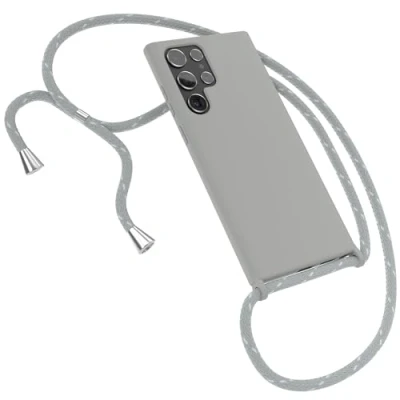 Abbildung von EAZY Case Silikon mit Kette kompatibel Samsung Galaxy S22 Ultra 5G Stoßfest Handyhülle Band, Stylische Abnehmbar Necklace als Set in Grau Riemen Hellgrau/Weiß Endstücke Silber