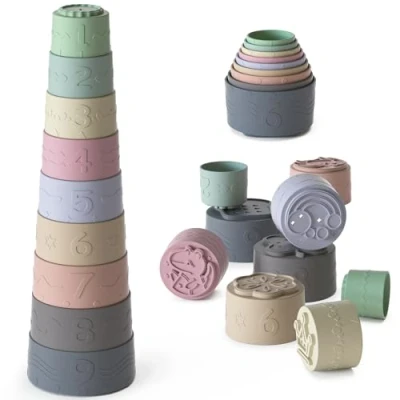 Abbildung von 9 Stück Stapelbecher Baby Spielzeug für 3 6 Monate, Sensorik Stapelturm Lernspielzeug mit Zahlen und Farbe, Badespielzeug &amp; Sandspielzeug Geschenk 7 8 10 11 12 Monate 1 Jahr Jungen Mädchen