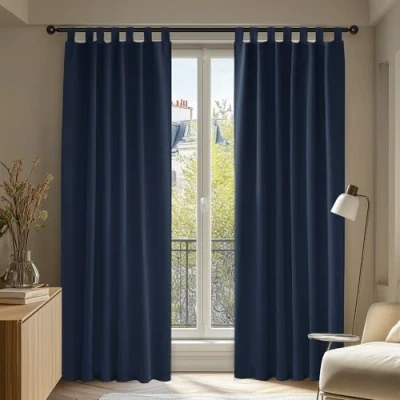 Abbildung von Deconovo Verdunkelungsvorhang Blickdicht Thermogardine Kälteschutz Schlaufen, 200x140 cm(HöhexBreite), Dunkelblau, 2er Set