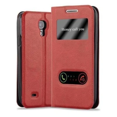 Abbildung von Cadorabo Hülle kompatibel mit Samsung Galaxy S4 Sichtfenster aus Premium Kunst Leder Flip Klappbare Stoßfeste Magnetische [Standfunktion] [Kartenfächern] Cover für Tasche in Rot