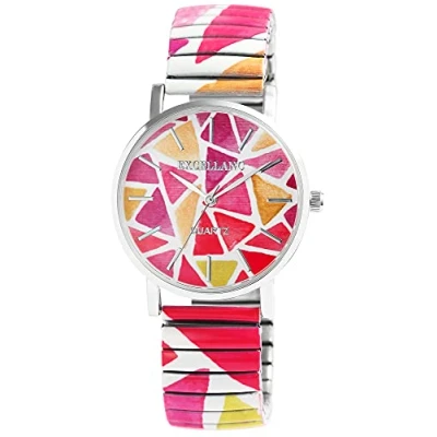 Abbildung von Excellanc Damen Zugbanduhr Edelstahl Ø 36 mm Motiv Bunt Print Analog Quarz 1700060 (weiß rot orange)
