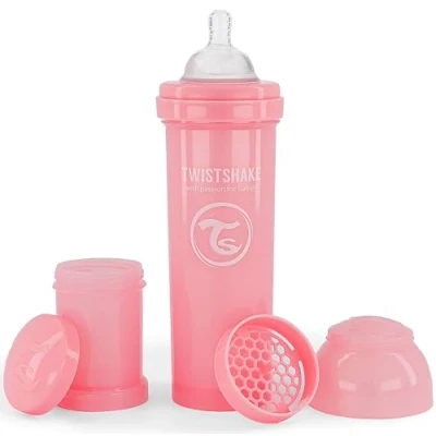 Abbildung von Twistshake Anti Kolik Babyflasche mit Trinksauger aus Weichem Silikon, Trinkflasche Bodenventil gegen Koliken und Sauger Größe Groß, Milchflasche, 330 ml, BPA Frei, ab 4 Monate, Pastellrosa