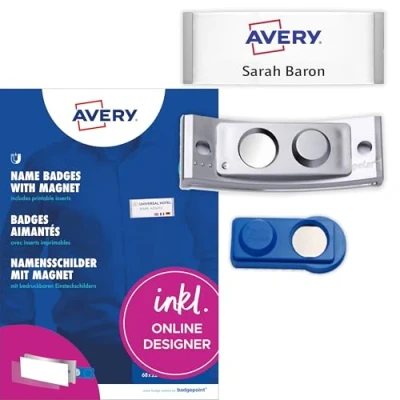 Abbildung von Badgepoint polar35 Namensschilder (80x34mm, 20 Schilder mit Magnet, verdrehsicher, Druckbogen für Namenskarten und Vorlagen zum Bedrucken, magnetische Kleidung) edelstahl matt