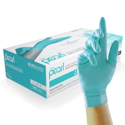 Abbildung von Unigloves Aqua Blue Pearl Nitril GP0091 Untersuchung Mehrzweck , puder und latexfreie Einweghandschuhe, Box mit 100 Handschuhen, Aquablau, Größe XS