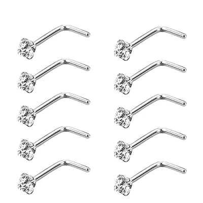 Abbildung von Zeayebsr 10 Stück gebogene Nase Stud Stahl Nasenring Zirkonia L Bend Bar Piercing Schmuck 20 Gauge