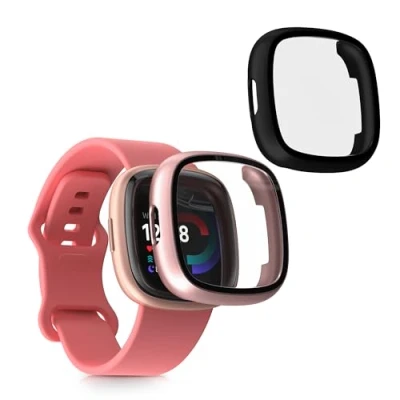 Abbildung von kwmobile 2X Cover kompatibel mit Fitbit Versa 4 / Sense 2 Hülle Fullbody Fitnesstracker Case Set aus Glas Schwarz Altrosa