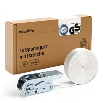 Abbildung von Waschmaschinenspanngurt 6m 25mm TÜV &amp; GS zertifiziert zum Sichern von Trockner Waschmaschine Spanngurt mit Ratsche Zurrgurt 800 daN weiß