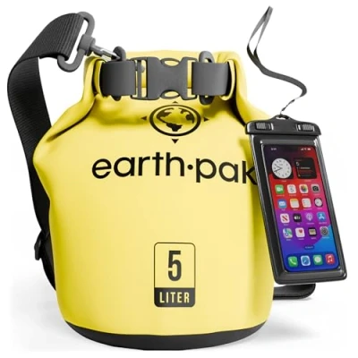 Abbildung von Earth Pak Wasserdichter Packsack mit Schultergurt und wasserfester Handyhülle Ideale Rolltop Tasche beim Kajak Fahren, Wandern, Camping, Angeln, Bootfahren Rafting (Gelb, 55L)