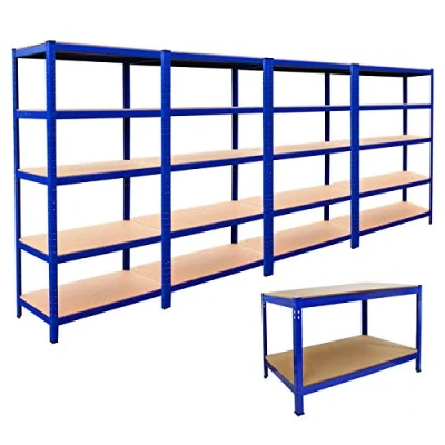 Abbildung von 4 x Lagerregal Regale Garage Steckregal Stahlregal Werkstattregal 180cm 90cm 45cm höhenverstellbar &amp; Q Rax Werkbank Werktisch Montagewerkbank 120cm Blau im Set ink.Gummihammer