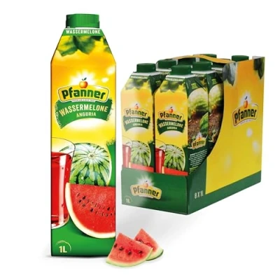 Abbildung von Pfanner Wassermelone im Vorratspack Erfrischungsgetränk mit 30% Fruchtgehalt wertvollem Vitamin C (8 x 1 l)