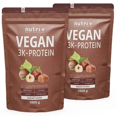 Abbildung von Nutri + Proteinpulver Vegan Haselnuss 2 kg 83% Eiweiß 3k Protein Powder Hazelnut Flavor veganes Eiweißpulver ohne Milch &amp; Whey Nuss Geschmack