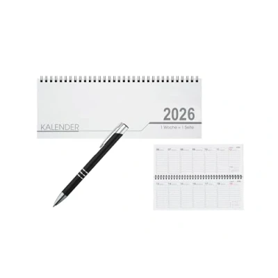 Abbildung von Schreibtisch Kalender 32 Blatt / Schreibtischquerkalender 2026 + Kugelschreiber