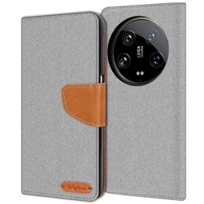 Abbildung von Verco kompatibel mit Xiaomi 14 Ultra Hülle, Schutzhülle für 5G Tasche Denim Textil Book Case Flip Klapphülle, Grau