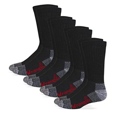 Abbildung von Wrangler Herren Steel Toe Boot Work Crew Cotton Cushion Pair Pack Socken mit Stahlkappe, Baumwolle, gepolstert, 4 Paar, Schwarz, Large