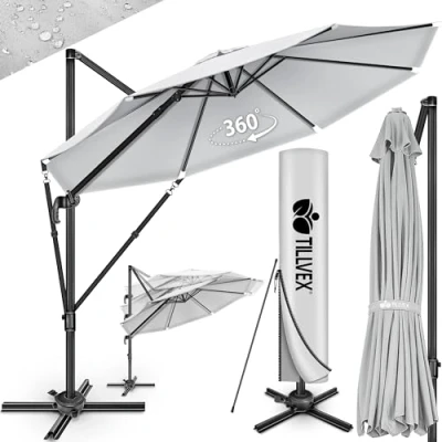 Abbildung von tillvex® Premium Alu Sonnenschirm 330 cm + Abdeckung &amp; Windsicherung Ampelschirm 6 Fach Verstellbar mit Kurbel Gartenschirm 360 Drehbar Neigbar Kippbar Kurbelschirm UV50+ Groß wasserdicht