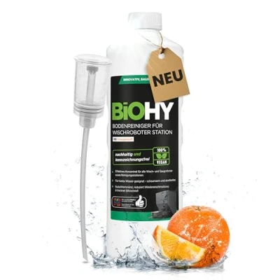 Abbildung von BiOHY Bodenreiniger für Wischroboter Station mit Orangenduft (1l Flasche) + Dosierer Reinigungsmittel Konzentrat alle Wisch &amp; Saugroboter Nass Funktion Schaumarm Streifenfrei