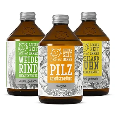 Abbildung von J.Kinski BIO Klassiker Mischbox (6x525ml) 2x Freilandhuhn Knochenbrühe Weiderind Pilz Gemüsebrühe reich an Collagen, Paleo &amp; Ketogene Diät, Superfood