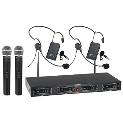 Abbildung von McGrey UHF 2V2H Quad Funkmikrofon Set (4 Kanal Empfänger, 2 dynamischen Handmikrofone, kompakte Funk Taschensender mit Gürtelclip, Headsets, Reichweite 50 Meter, Betriebsdauer ca. 8 Stunden)