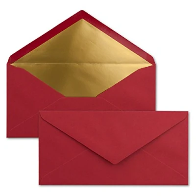 Abbildung von 75 Brief Umschläge DIN Lang Dunkel Rot mit Gold Metallic Innen Futter 110 x 220 mm Nassklebung festliche Kuverts für Weihnachten