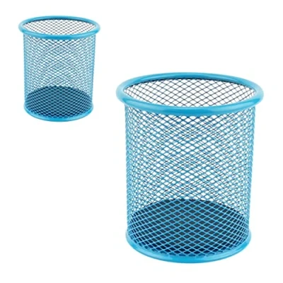 Abbildung von LEVIATAN 2 Stück Metall Stifteköcher Stiftehalter rund aus Drahtmetall Mesh Multifunktions Becher für Kugelschreiber Ø91 mm Blau