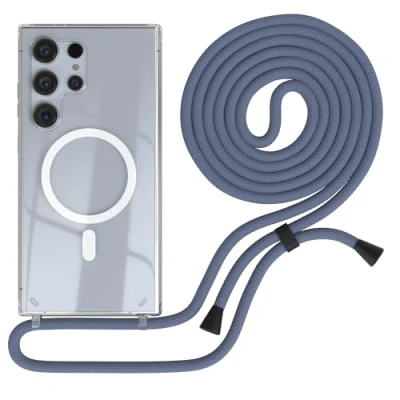 Abbildung von EAZY CASE Handykette kompatibel mit Samsung Galaxy S24 Ultra Kette zum Umhängen Stoßfest Handyhülle für Silikon Hülle Band Handytasche Transparent in Blau Clips Schwarz