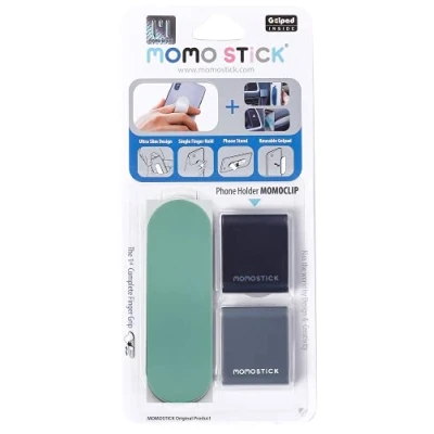 Abbildung von Momostick Das Original! Kombi Momoclip + Smartphone Fingerhalter Handy Fingerhalterung Griff Halterung Ring (Kombi Matt Serie Grün