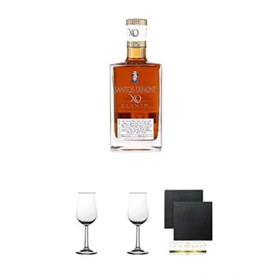 Abbildung von Santos Dumont Elixir Rumlikör 0,7 Liter + Nosing Gläser Kelchglas Bugatti mit Eichstrich 2cl und 4cl 2 Stück Schiefer Glasuntersetzer eckig ca. 9,5 cm Ø