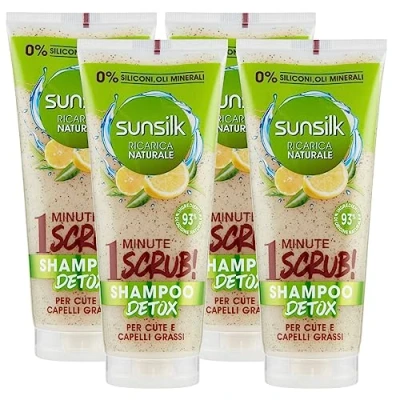 Abbildung von Sunsilk Shampoo Scrub Detox Natürliche Nachfüllung für Haut und fettiges Haar mit grünem Tee Zitrone Inhaltsstoffe natürlicher Herkunft ohne Silikone 4 Flaschen à 200 ml