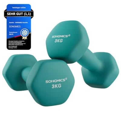 Abbildung von SONGMICS Hanteln, 2er Set, 2 x 3 kg, Hantelset, Kurzhanteln, Hexagon, Neopren Beschichtung, Krafttraining, Workout, Fitnesstraining, für Zuhause, aquamarinblau SYL906Q01