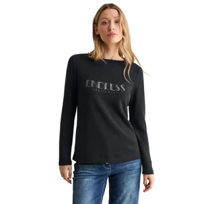 Abbildung von Cecil MIT Wording Langarmshirt, Damen, Größe: Large, Schwarz
