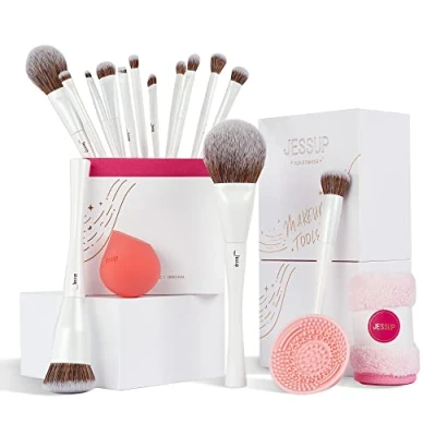 Abbildung von Jessup Pinselset Makeup Pinsel Set 14 Stk Make Up Kosmetikpinsel Schminkpinsel hochwertiges Geschenkset für Frauen Schwamm Pinselreiniger Handtuch Perlweiß T333