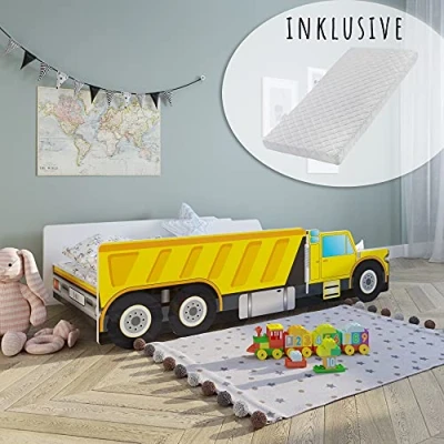 Abbildung von Kids Collective Autobett Kinderbett Jugendbett Baustelle in 70x140 80x160 mit Rausfallschutz, Matratze, Kinder Spielbett Baustelle, 160x80 cm