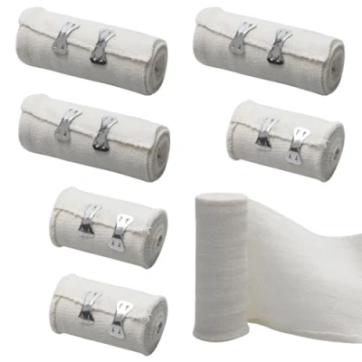Abbildung von 6 Stück Elastische Bandage, Weiße Kompressionsbinden Elastischer Verband mit Metallclips, Medizinische Fixierbinde für Handgelenke Knöchel Knie