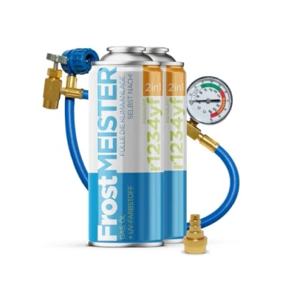 Abbildung von FrostMEISTER 2in1 Auto Klimaanlagen Nachfüllset (2X 400 ml Dose + Schlauch mit Manometer &amp; Adapter) Für R1234yf (ab Baujahr 2017), schnelle, einfache umweltfreundliche Anwendung