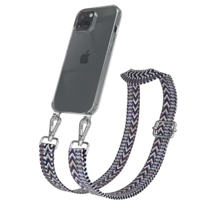 Abbildung von EAZY CASE Handykette mit verstellbarem Trageriemen für iPhone 15 Taschengurt zum Wechseln transparenter Handyhülle Hülle dünner Schulterriemen in Blau Weiß Silber