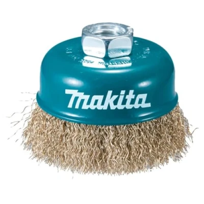 Abbildung von Makita D 39768 Topfbürste Ø 75 mm, gewellt, fein, vermessingt, M14 Gewinde Aufnahme, feine Drahtbürste zum Entrosten, Entzundern, Aufrauen und Reinigen von Stahl