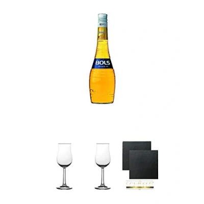 Abbildung von Bols Creme Bananenlikör Holland 0,7 Liter + 2 Bugatti Nosing Gläser mit Eichstrich 2cl und 4 cl Schiefer Glasuntersetzer eckig ca. 9,5 cm Ø