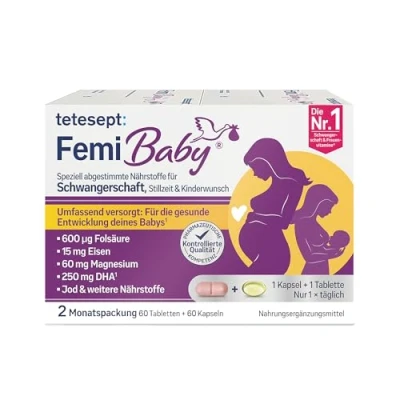 Abbildung von tetesept Femi Baby (2 Monatspackung) Nahrungsergänzungsmittel für Kinderwunsch, Schwangerschaft und Stillzeit Mit Folsäure, Eisen, DHA weiteren Nährstoffen
