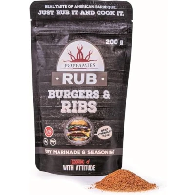 Abbildung von Poppamies Burger&#039;s &amp; Ribs BBQ Rub 100% natürliches Gewürz Trockene Marinade perfektes für Rind und Schweinefleisch Ideal Grill Bestes Barbecue Große Packung (200g)
