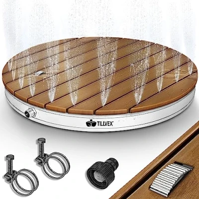 Abbildung von tillvex® Gartendusche Outdoor bis 4 m Fontänenhöhe Bodendusche rund mit Fußrad Außendusche rutschfest Saunadusche wetterfest Campingdusche aus Aluminium/WPC/Holzoptik