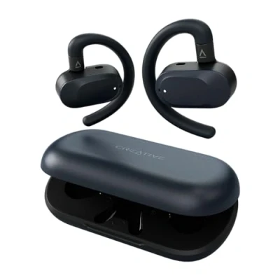 Abbildung von CREATIVE Outlier Go kabelloser Open Ear Kopfhörer mit Verstellbarer Passform und Ohrbügeln, bis zu 26 Stunden Gesamtspielzeit, Zwei Mikrofone, Bluetooth 5.4, IPX4 wasserbeständig (Dunkelblau)